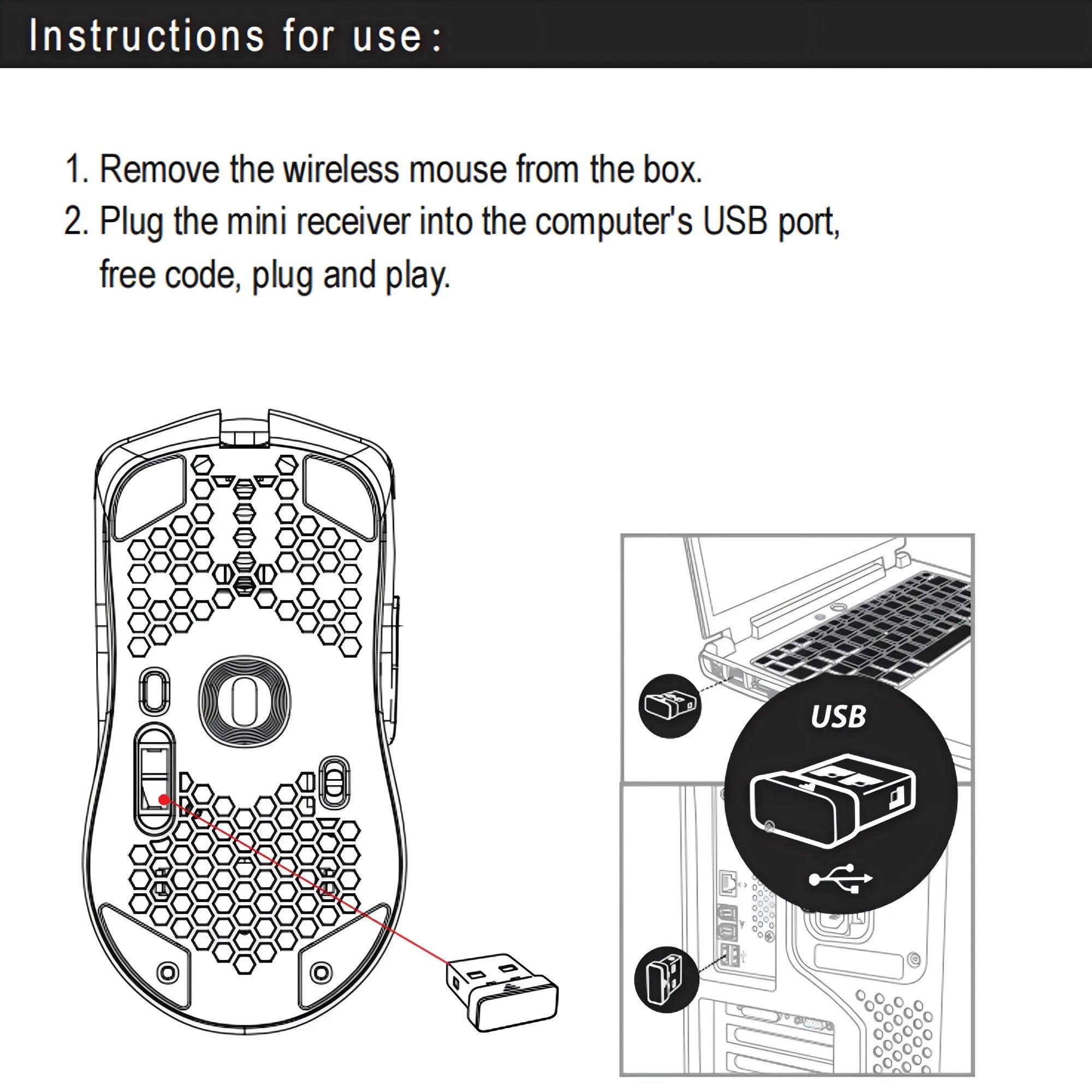 Wireless Mouse 2.4G with Built-in Rechargeable Battery, RGB Lighting, Honeycomb Design, Plug-and-Play USB