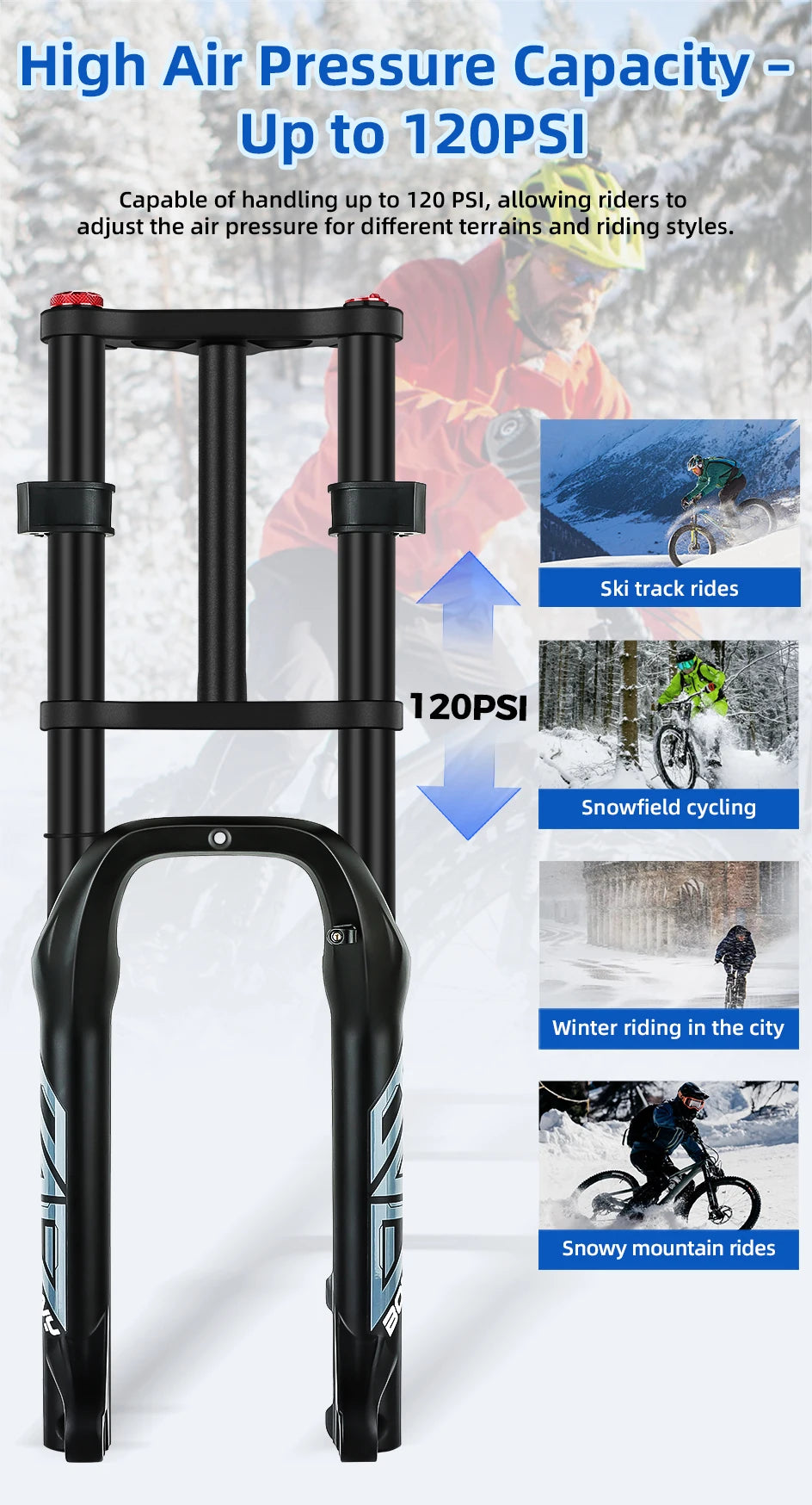 BOLANY Bicycle Snow Front Fork 20 inch 26 inch 4.0 Tire MTB Bike Fork 110mm Travel Double Shoulder Air Supension for E-Bike