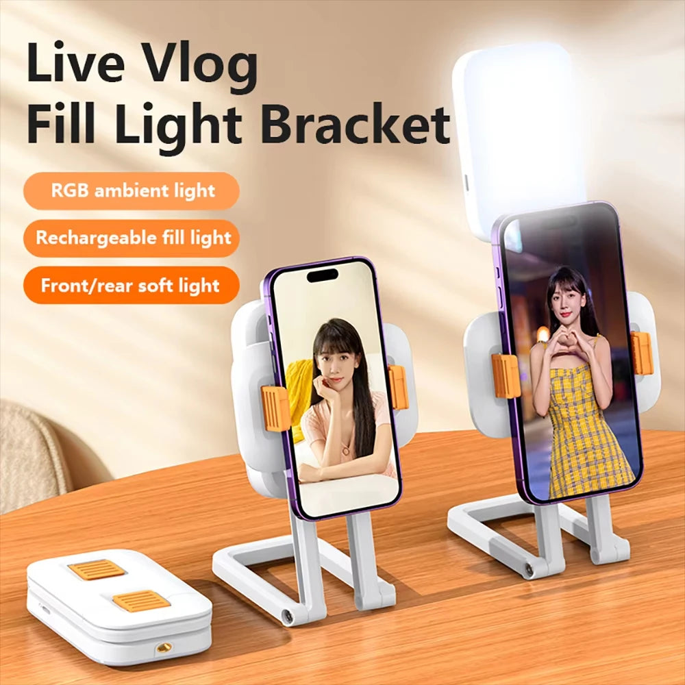 Portable Fill Light Desktop Integrated Folding Phone Stand Live Three Color Outdoor LED Light USB Rechargeable Photo Lamp