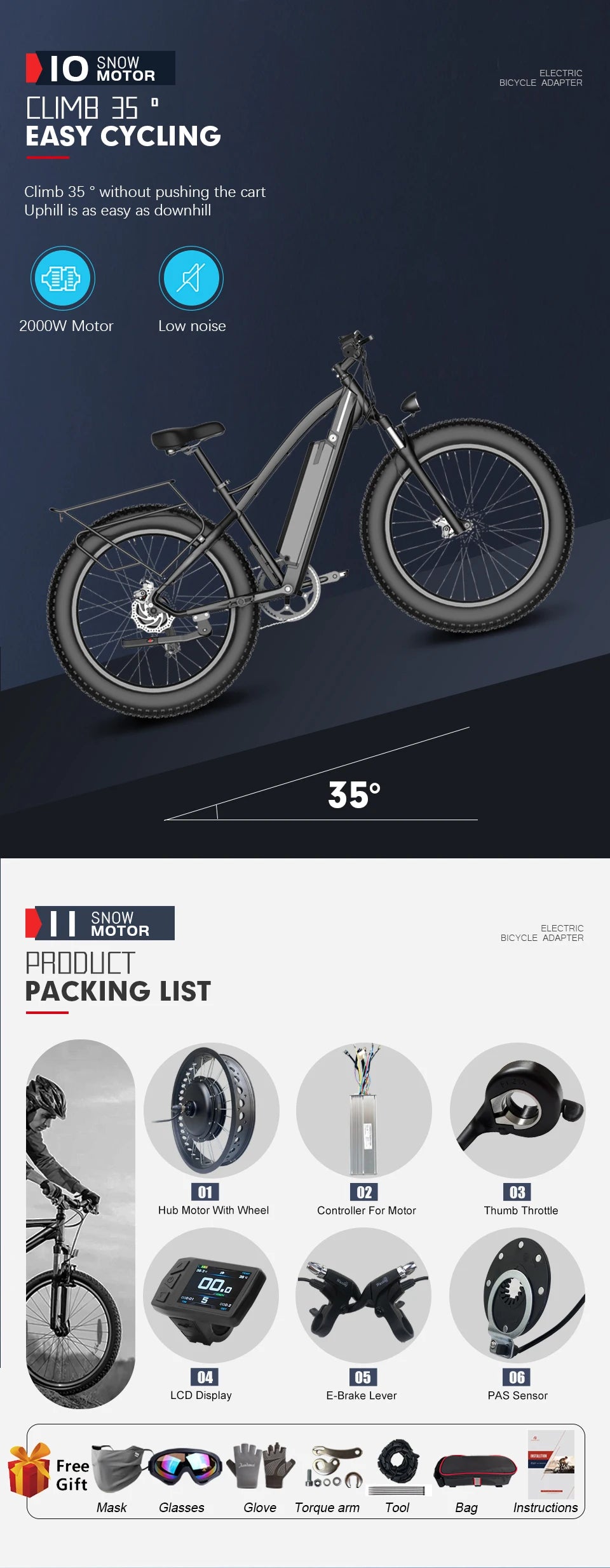 48V 2000W Electric Fat Bike Kit 20 24 26inch 4.0Tyre Brushless Non-gear Rear Hub Motor Wheel  Dropout 190mm For Snow eBike kit