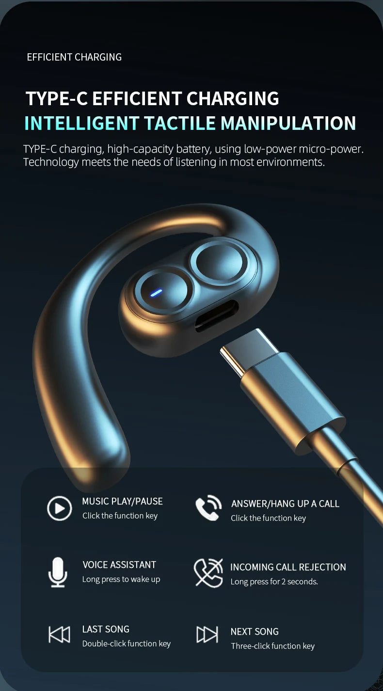 Bluetooth 5.4 Wireless Headphones Gaming Earphone Noise Canceling Ultra Long Battery Life Headset Open-Ear Stereo Sports Earbuds