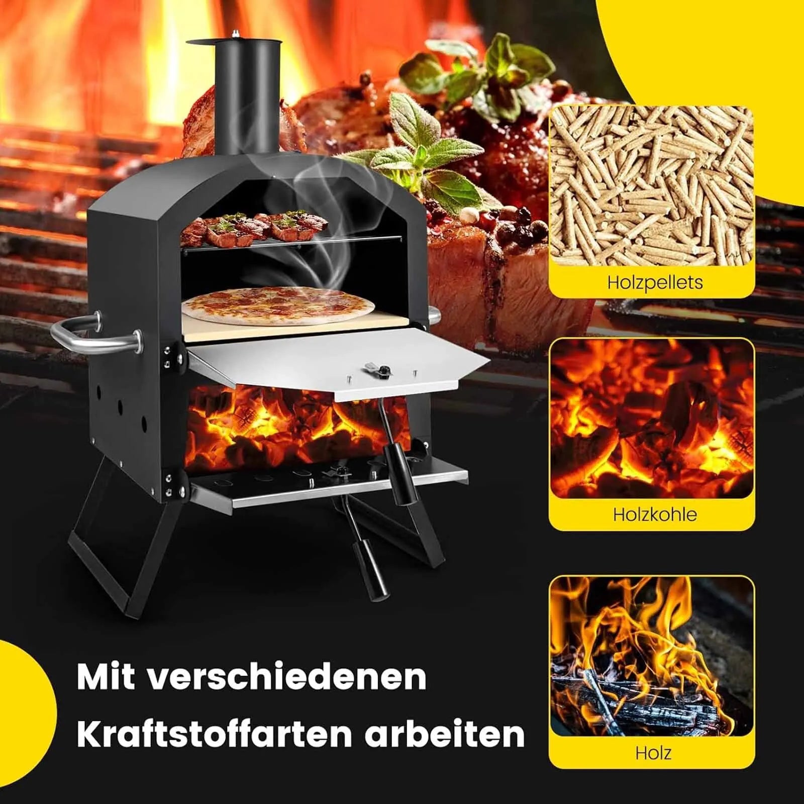 Outdoor Pizza Oven, 2-Layer Pizza Oven with Grill Grate, Pizza Stone, Pizza Shovel, Waterproof Cover, Heat Resistant Handles