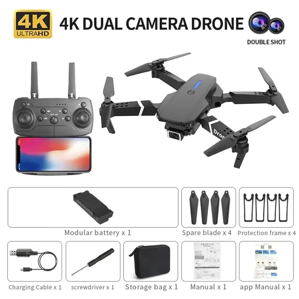 Professional Drone E88 4K Wide Angle HD 1080P Camera WiFi FPV Height Hold Foldable RC Drone Quadrotor Helicopter Childrens Toys