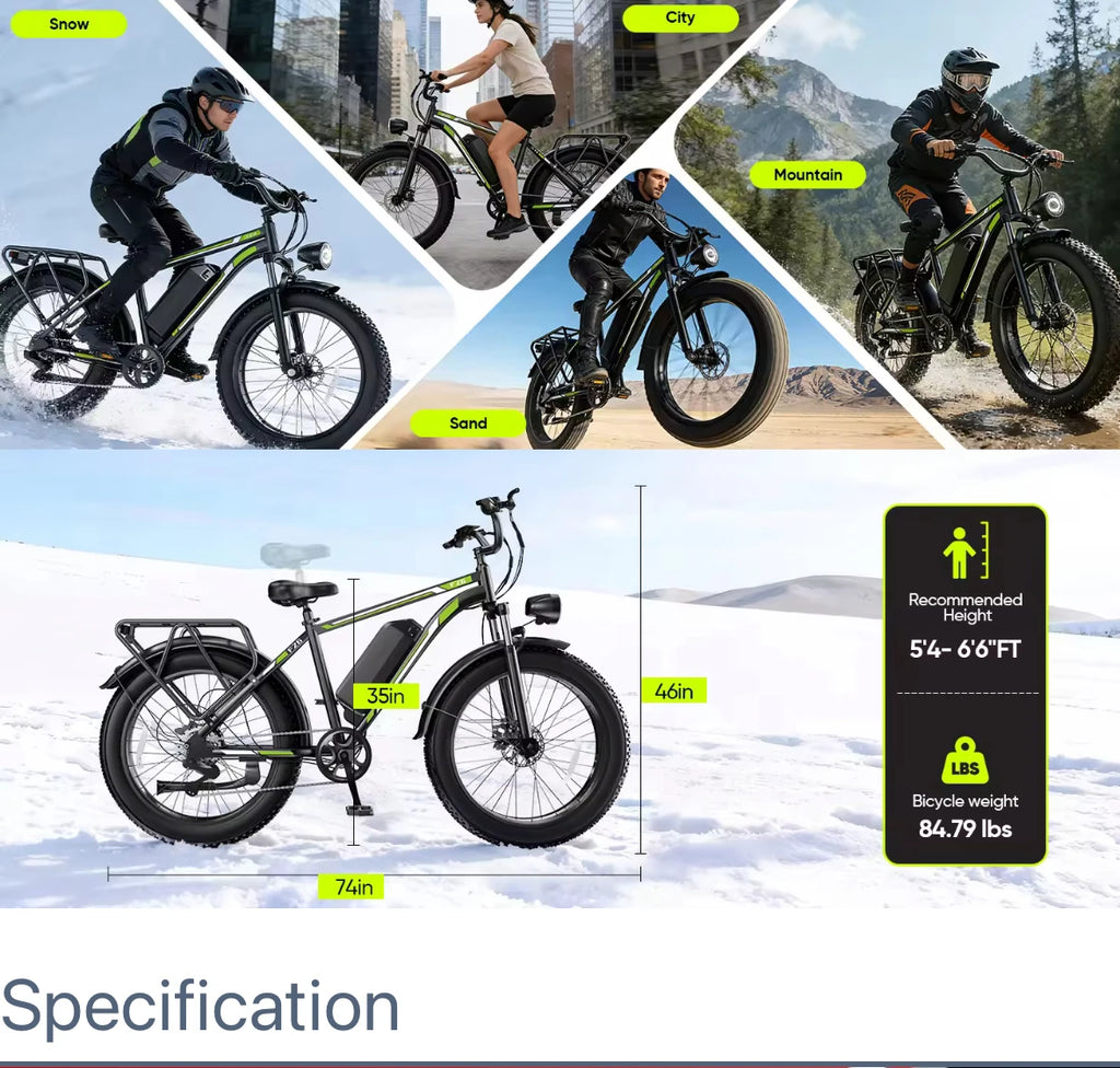 1000W motor 48V18AH battery adult urban mobility E-Bike new F26 snow beach electric bicycle 26-inch wide tire electric bicycle
