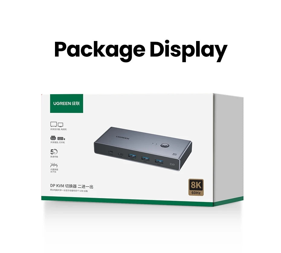 UGREEN DisplayPort 1.4 Switch 8K 60Hz DP Switch 2 PCs Sharing Monitor Keyboard Mouse Printer for Office Gaming
