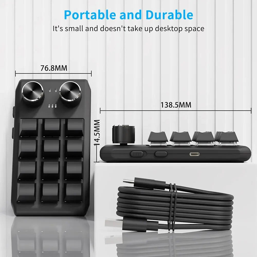 12 Keys 2 Knob Custom Mechanical Keyboard 3 Modes Bluetooth 2.4G Macro Programming Keyboard Hot-swapping Keypad for Gaming PS