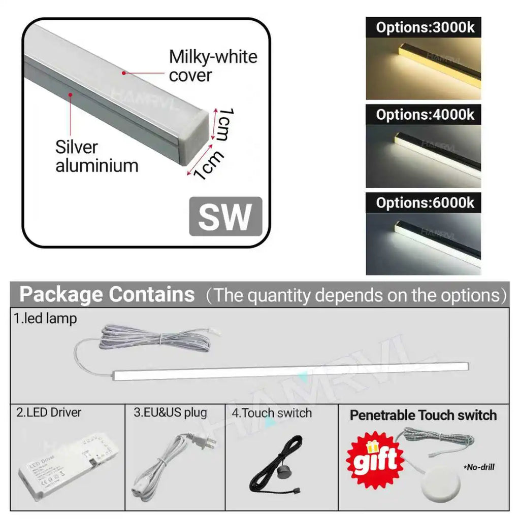 Touch Sensor LED for Wood Slat Wall Panels Decor No-drill Black/Silver Aluminum Bar Light Shelf Kitchen Wardrobe Closet Lighting