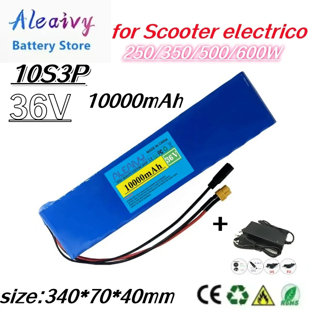 36V 10000mAh 10S3P Li-ion Battery Pack 18650 with BMS for Electric Scooter 350-600W Rechargeable + Charger