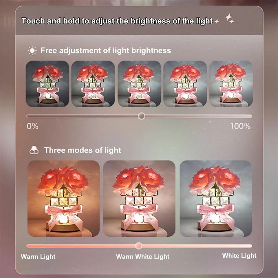 LED Crystal Rose Table Lamp 3 Colors Dimmable Magic Cube Rose Creative  Atmosphere Lights Bedroom Bedside Decor Lighting Gift ﻿