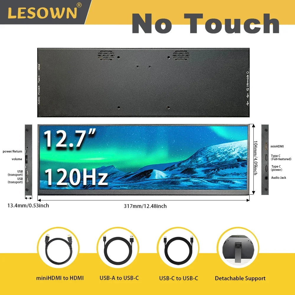 LESOWN Long Bar 12.7 12.6 inch Monitor 120Hz 2880x864 IPS Touch HDMI Type C Sensor Panel LCD Data Ancillary Screen Temp Display