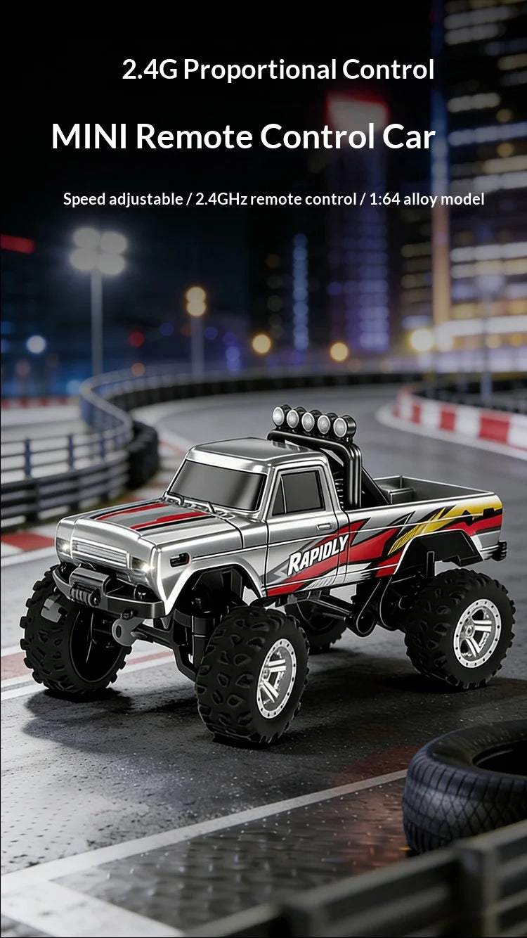 1：64 Mini Remote Control Off Road Truck Alloy Shell Rechargeable With Led Lights Anti Collision Night Play Electric Toy For Kids