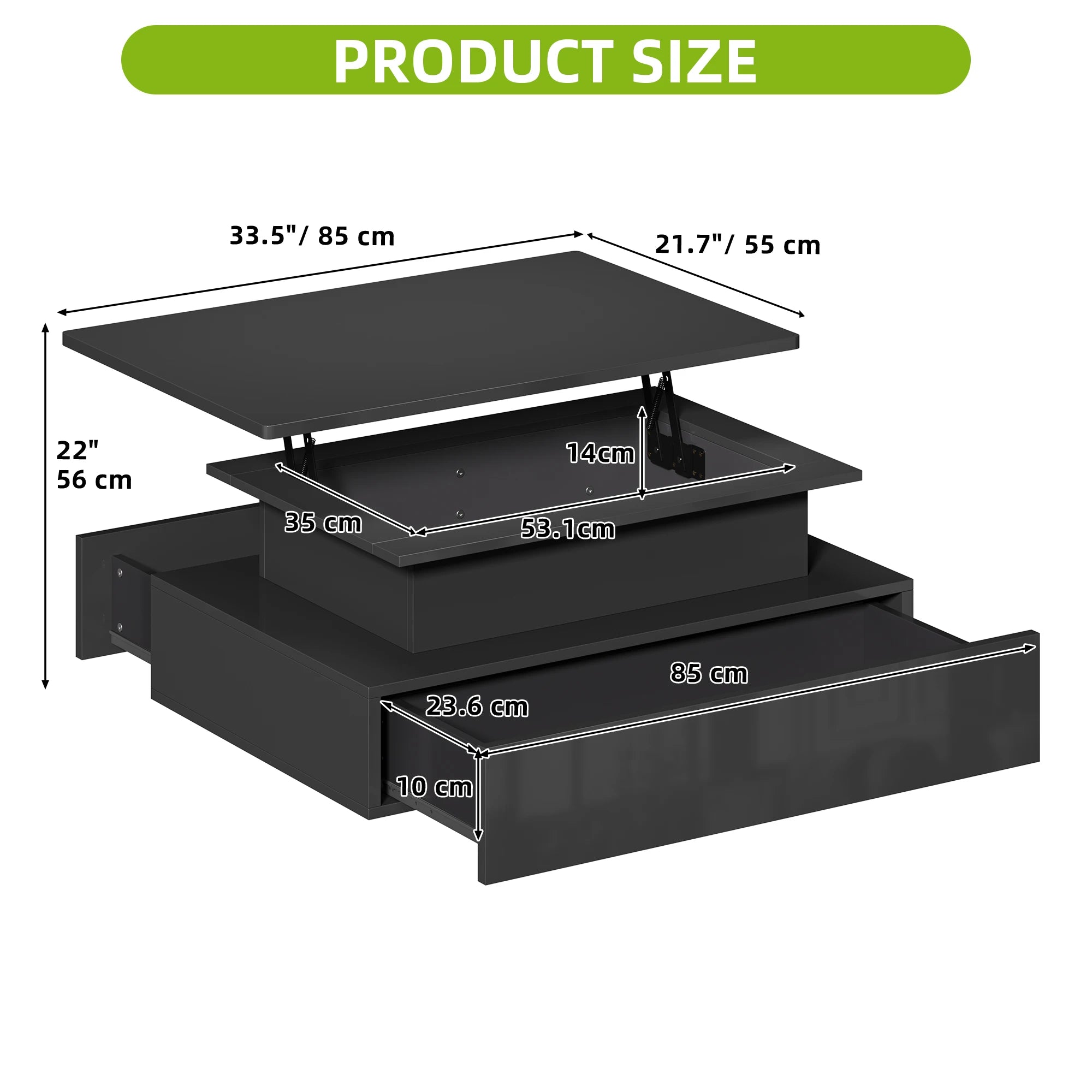 YITAHOME Lift-Top Coffee Table - Rectangular Modern Design with 16-Color LED Lighting & 2 Drawers, Elevated Lighted Surface