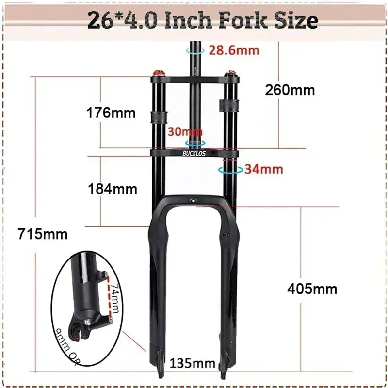BUCKLOS Snow Fat Bike Fork 20*4.0 Inch / 26*4.0 Inch Air Suspension Fork Travel 180mm Double Shoulder E-Bike Fork Bicycle Parts