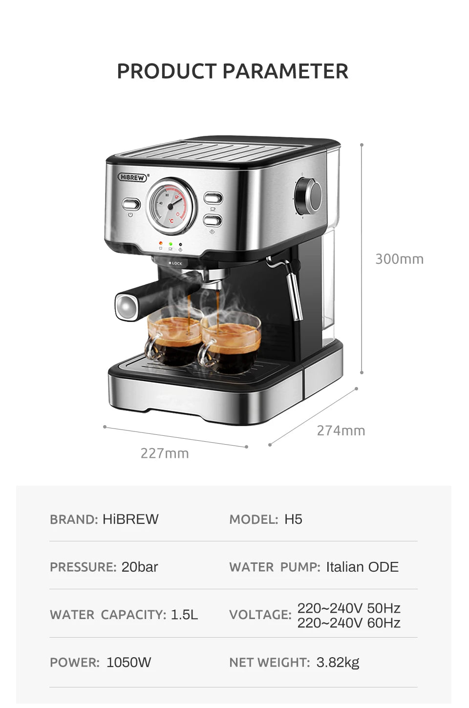 HiBREW Coffee Machine Cafetera 20 Bar Espresso inox Semi Automatic Expresso Cappuccino Hot Water Steam Temperature Display H5