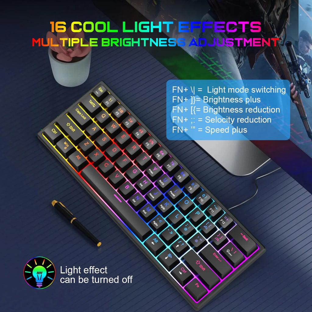 61 Keys Mechanical Keyboard Wired Gaming Keyboard Portable Ergonomics Keyboard Hot-Swappable RGB Backlit Cyan Axis Keycap For PC