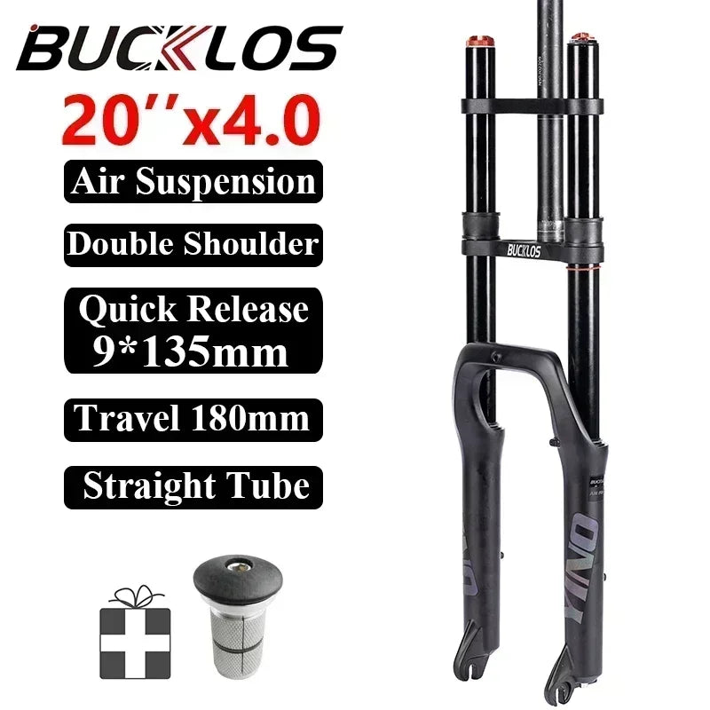 BUCKLOS Snow Fat Bike Fork 20*4.0 Inch / 26*4.0 Inch Air Suspension Fork Travel 180mm Double Shoulder E-Bike Fork Bicycle Parts
