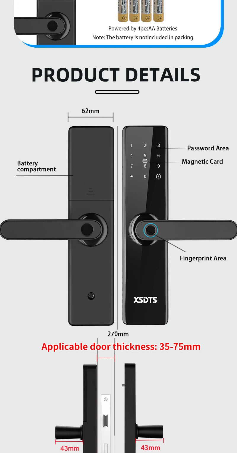 Electronic Smart Door Lock With Biometric Fingerprint Smart Card Password Key Unlock USB Tuya APP Emergency Charge lock For home