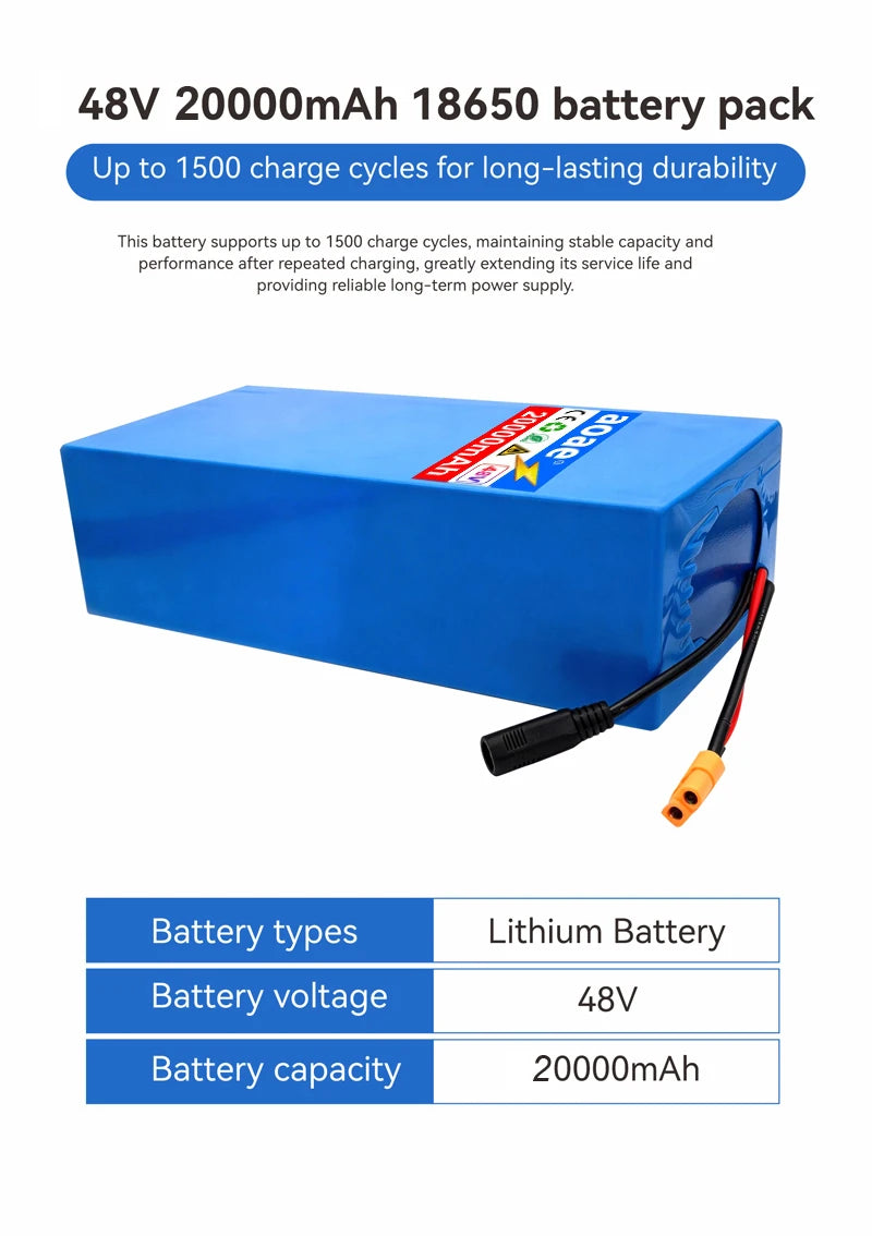 48V Battery Electric Scooter 13S8P 20Ah 18650 Grade-A Cells Battery Pack 2000W Built-in 50A BMS Long Range Safe & Durable