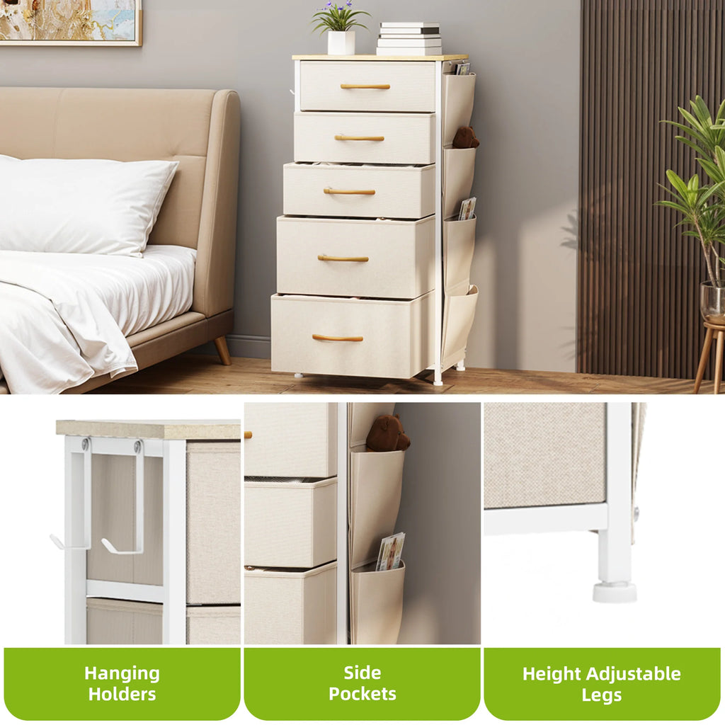 YITAHOME 5-Drawer Fabric Dresser w/Side Pockets & Hooks - Metal Frame & Wood Top for Bedroom, Nursery, Hallway (Beige)