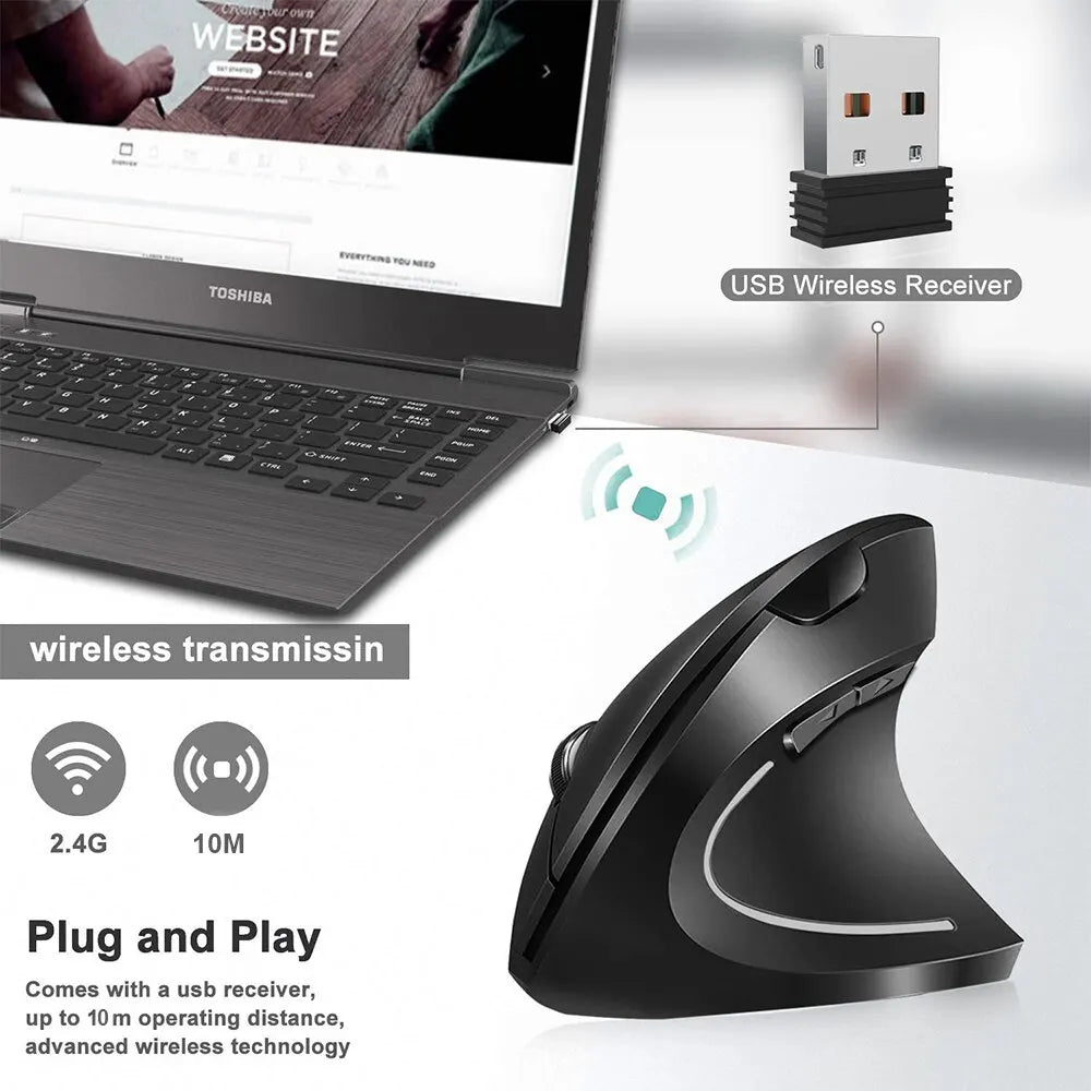 Wireless Mouse Vertical USB 2.4GHz Ergonomic 800/1200/1600 DPI 6 Mute Buttons For MacBook Tablet Laptops PC Computer Accessories