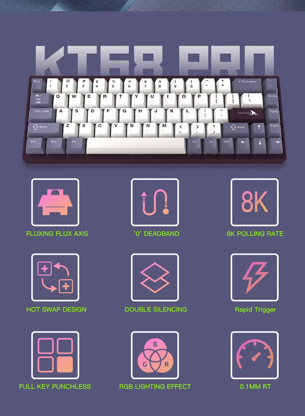 Darmoshark KT68 Pro Gaming Mechanical Keyboard Wired Hot Swap 68 Keys Aluminum Alloy Customized Magnetic Axis Kailh Switch