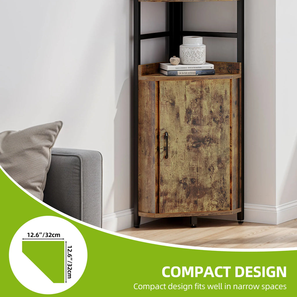 YITAHOME Rustic Brown 4-Tier Corner Bookshelf - Industrial Wood & Metal Storage Cabinet for Living Room/Office/Hallway