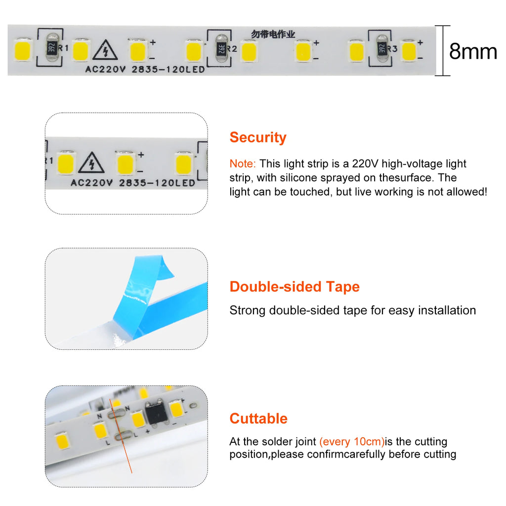10m 20m 50m 220V 2835 LED Strip Light No Need Driver High Bright 120LEDs/M Flexible Tape Lights IP44 Waterproof Home Lighting