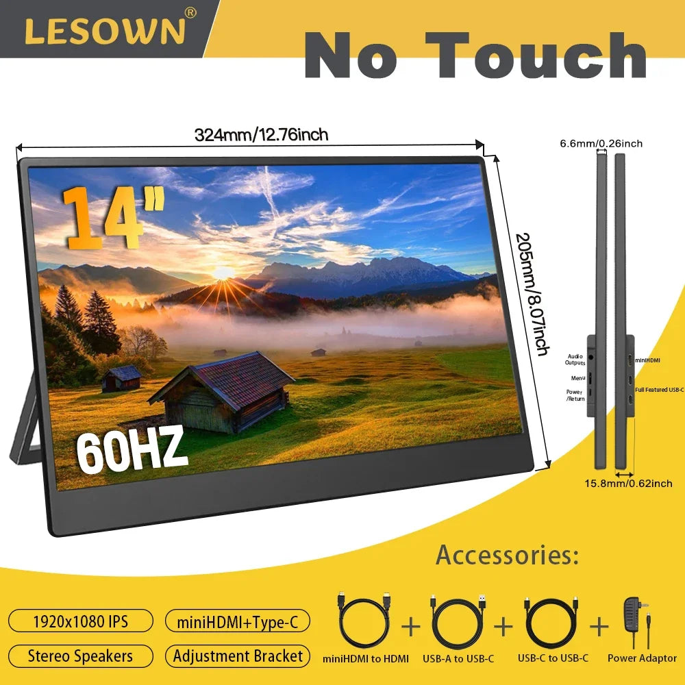 LESOWN 120Hz 2.5K Monitor 11.6 14 16 inch IPS 3840x2160 UHD VESA Gaming External Screen USB-C Display with Speaker Plastic Shell