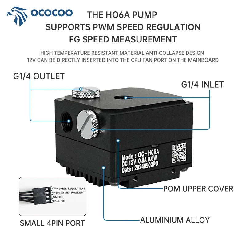OCOCOO H06A water pump for PC water cooling CPU liquid cooler pump 600L/H DC 12V with PWM Intelligent Temperature Regulation