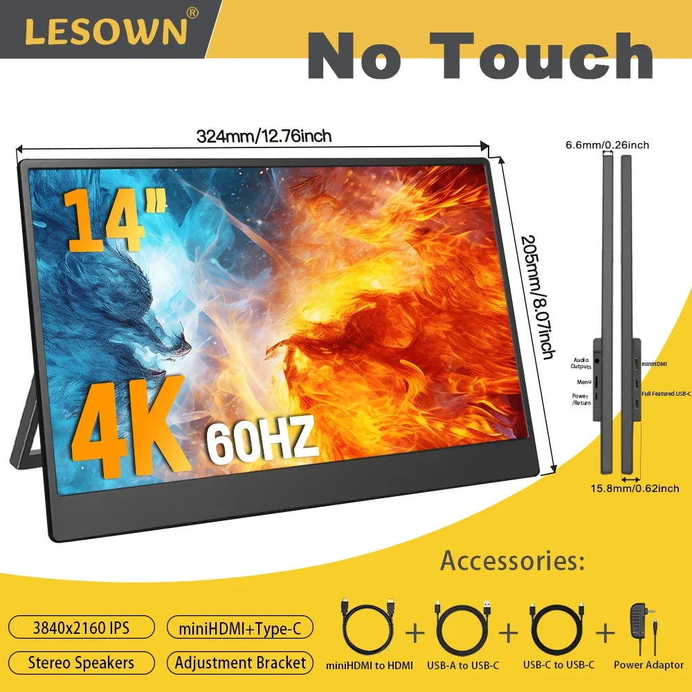 LESOWN 120Hz 2.5K Monitor 11.6 14 16 inch IPS 3840x2160 UHD VESA Gaming External Screen USB-C Display with Speaker Plastic Shell
