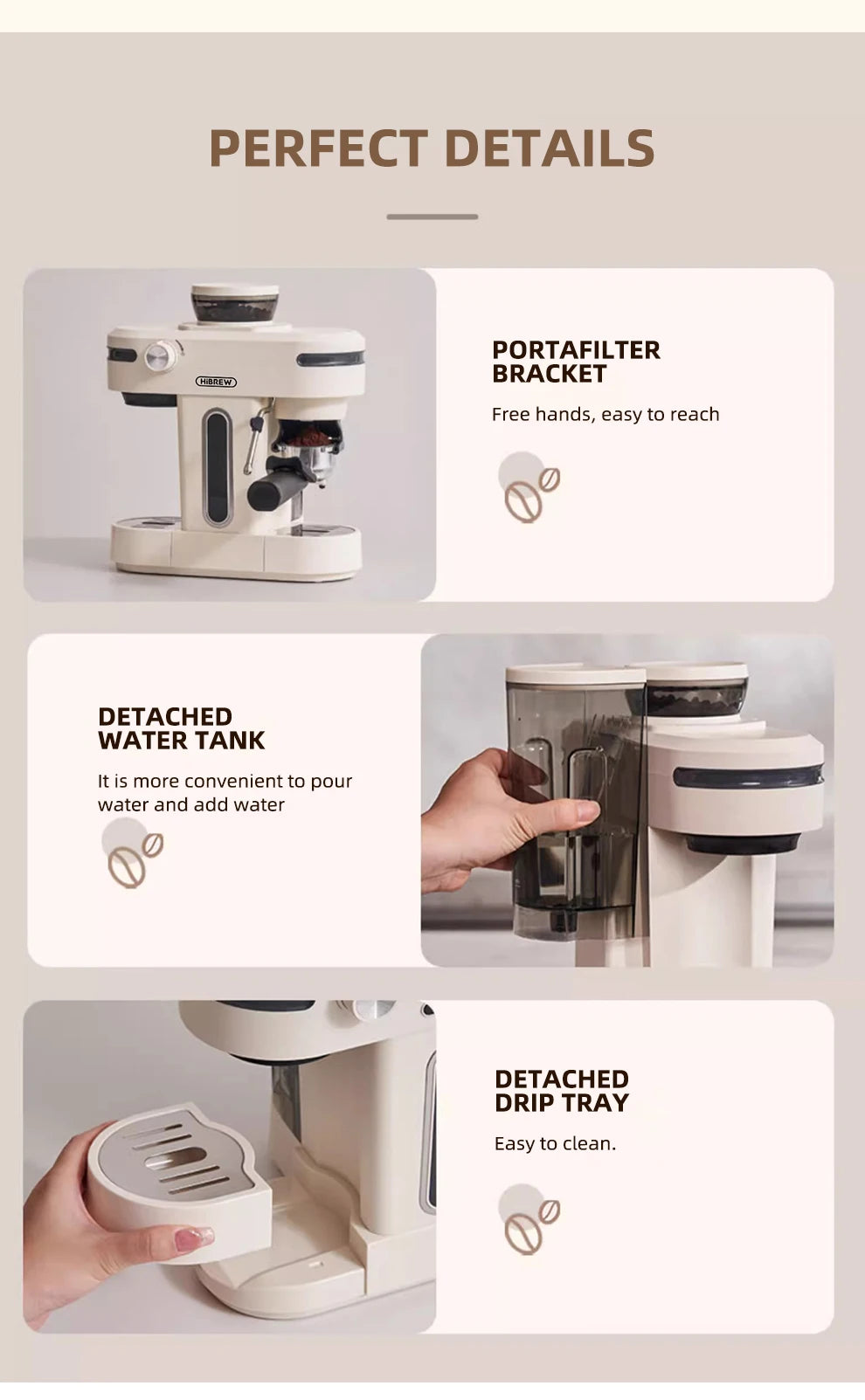 HiBREW 20 Bar Semi Automatic Espresso Coffee Maker With Grinder Bean For Cappuccino and Latte Milk Frothing System Machine H14