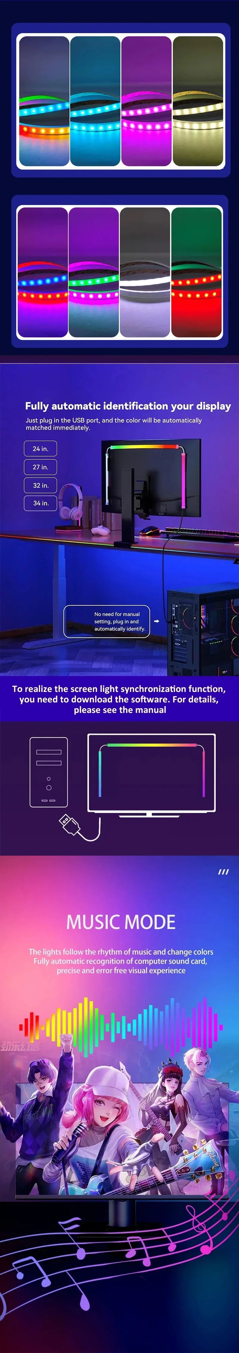 Smart Gaming RGB Backlight Ambient Lights Display Lighting Streaming Colourful LED Strip Light for Gaming Desktop Screen Sync
