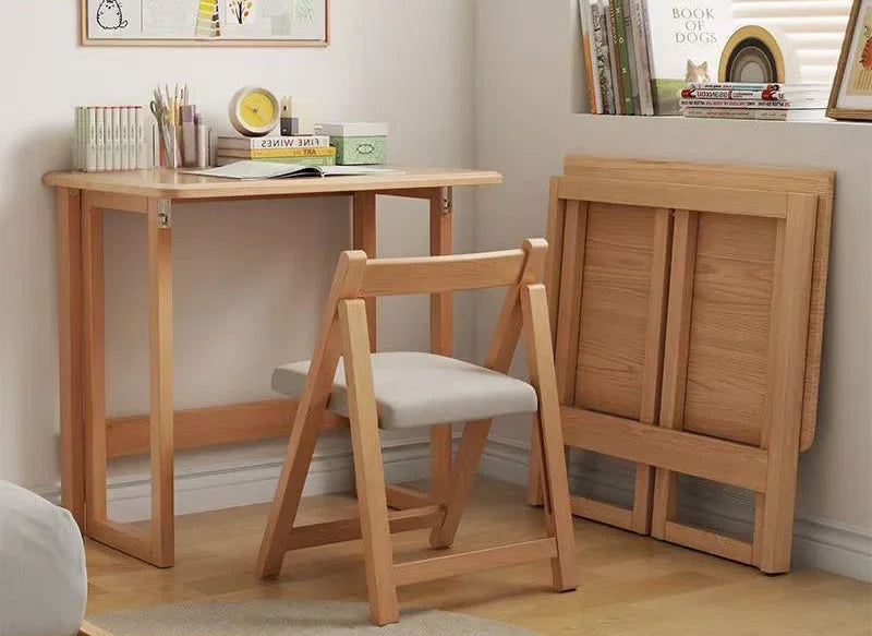 Solid Wood Folding Desk for Home Office – No Assembly Computer Table Study Writing Desk 15mm Thick Desktop Small Workstation
