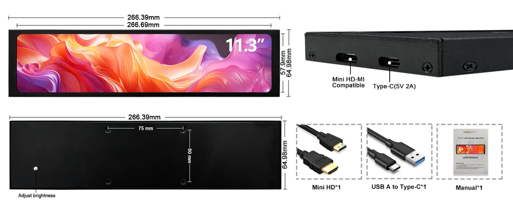 Wisecoco 12.3/11.3'' 1920x720 Touch Portable Monitor Stretched Bar Screen Gaming Monitor Not support AMD integrated graphics