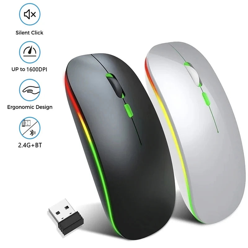 Wireless Mouse 2.4GHz Bluetooth Rechargeable Mouse Quiet Ergonomic Gaming Mouse With USB Backlight 1600DPI Mouse For PC Laptops