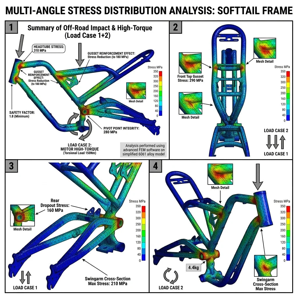 Premium 20" Softtail Electric Fat Tire Bike Frame Full Suspension 6061 Aluminum Alloy for Off-Road Snow E-Bike