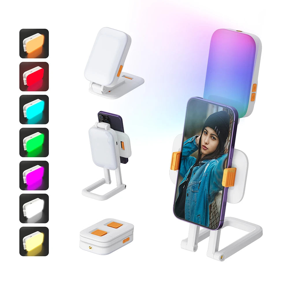 Portable Fill Light Desktop Integrated Folding Phone Stand Live Three Color Outdoor LED Light USB Rechargeable Photo Lamp