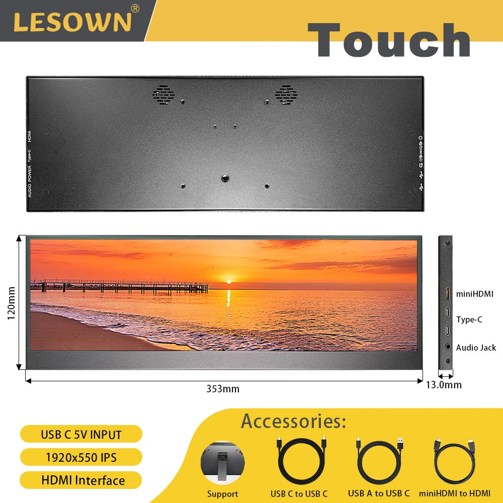 LESOWN 14.1 inch Long Portable Monitor 4K Ultra Wide Touch Screen Capacitive USB C HDMI IPS Laptop PC External LCD Monitor