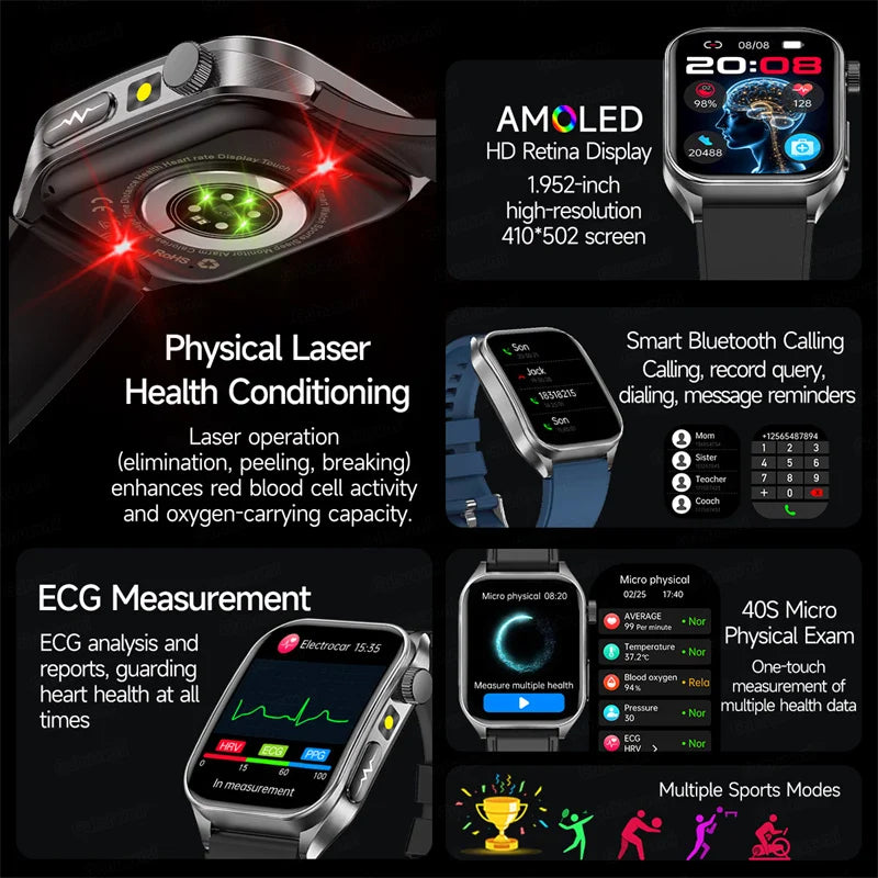 Smart Watch 650nm Dual probe laser health conditioning Blood oxygen Pressure Uric Acid Blood lipid ECG Smartwatch for Man Women