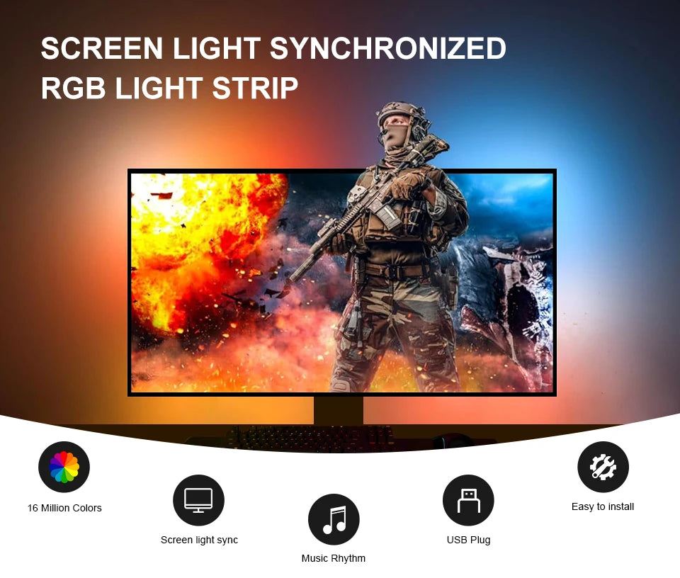 Smart Computer Monitor Sync Ambient USB LED Light Strip RGBIC PC Display Screen Backlight Gaming Decor Support Window/OS System