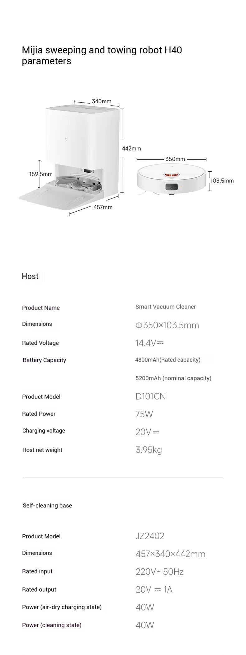 XIAOMI MIJIA Self Robot Vacuum Cleaners H40 Smart Home Sweeping High Speed Rotary Scrubbing 10000PA Cyclone Suction LDS Laser