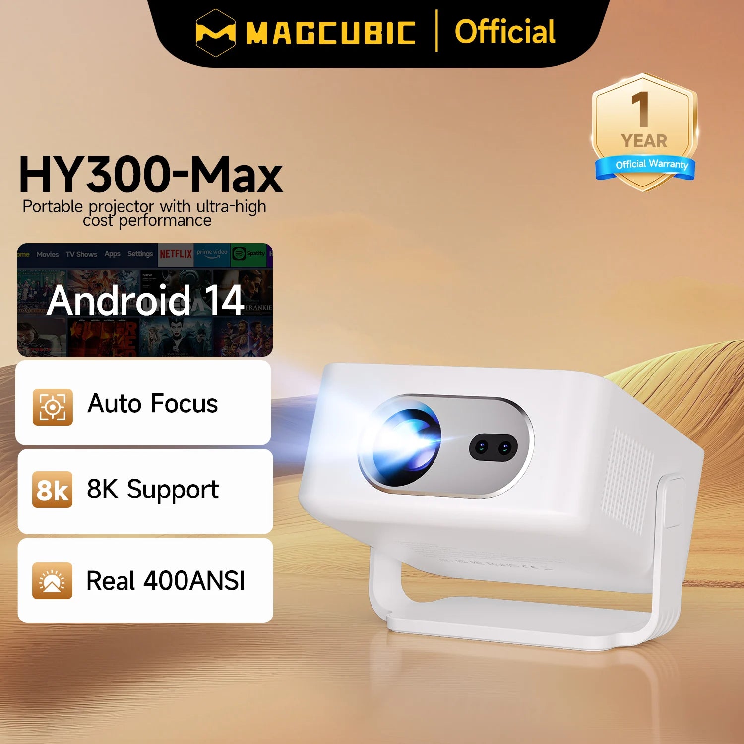 Magcubic Android 14 Auto Focus HY300MAX Portable Projector 400ANSI WiFi6 Projector Support 8K Full HD Home Outdoor Cinema HY300