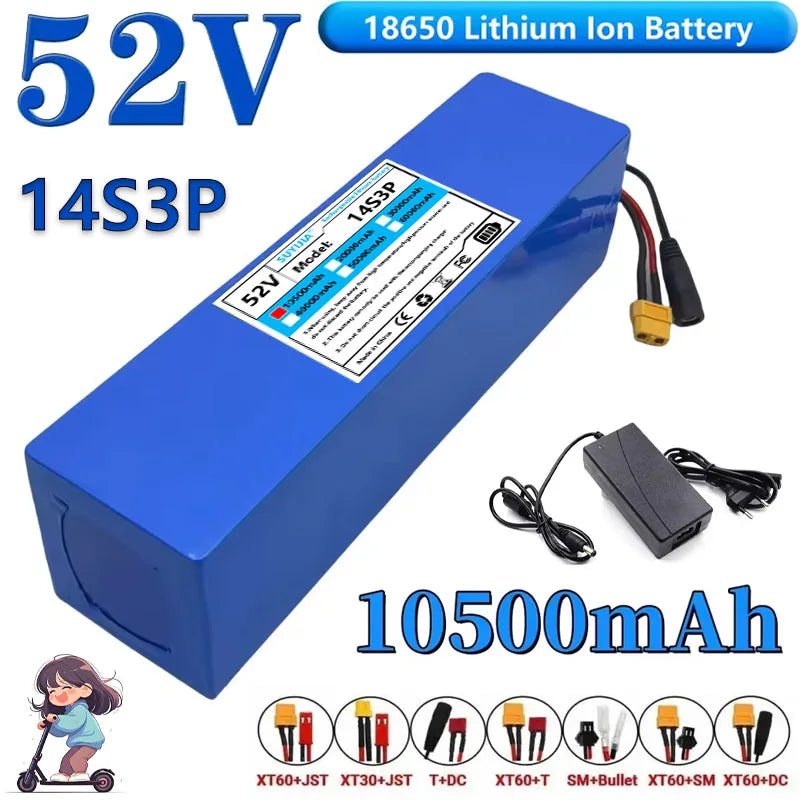 Electric Scooter Lithium Battery 14S3P 52V 10.5Ah 18650 Battery Built-in BMS for 0-1000W Electric Motorcycle Scooter Battery