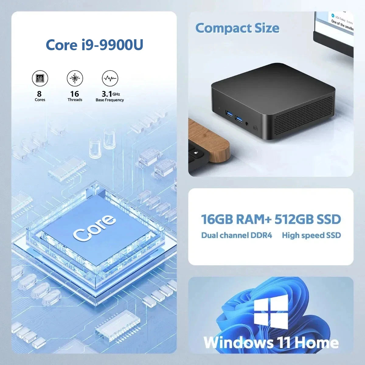 Portable Mini PC Windows 11 Intel Core i9 9900U Desktop Computer 16GB DDR4 1TB 2TB SSD WIFI6 BT5.2 Ultra Small Pocket PC gamer