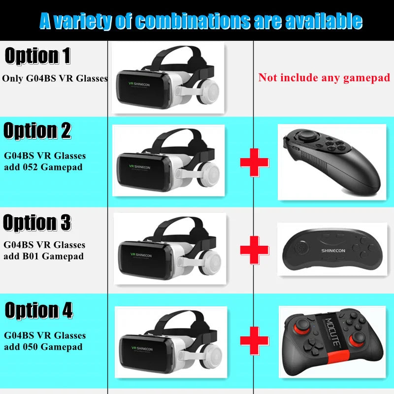 VR SHINECON Thousand Magic Mirror VR Glasses G04BS Bluetooth Headset Version 3D Virtual Reality Helmet Smartphone + Joystick