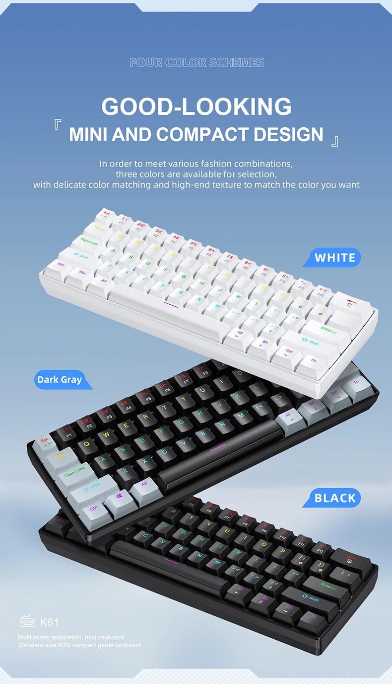 K61 Wired Mechanical Keyboard,61-key Design,1000Hz Return Rate,USB2.0 Full-speed Connection to Devices