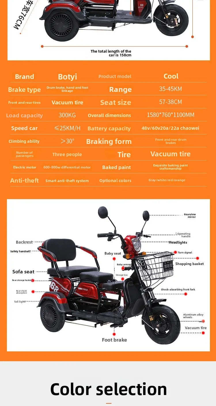 1000W 20ah Electric tricycle adult elderly scooter small household mini female Electro bike range 60km