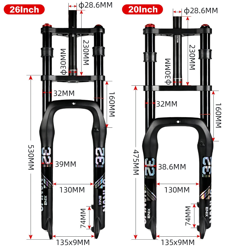 Nanlio Double Shoulder Snow Fork 20/26x4.0 Inch Fat Tire Air Suspension34mm Tube 135mm Hub Width for E-Bike MTB Electric Bicycle