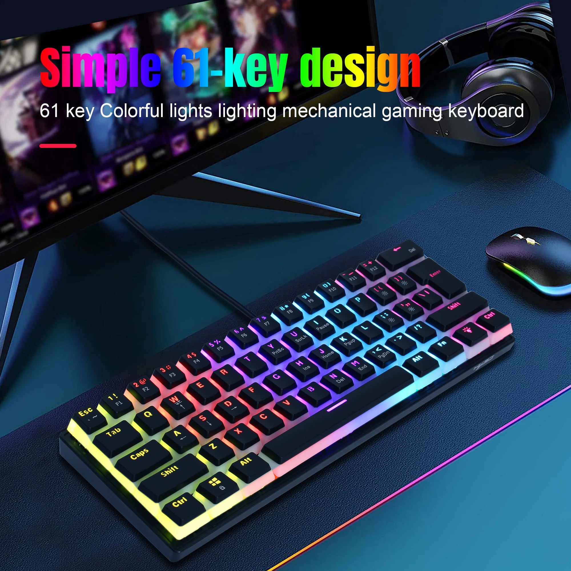 61 Keys Wired Mechanical Keyboard Blue Switch Two-color Injection Pudding Key Cap RGB Backlight For Game Office Home