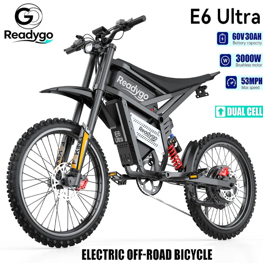 Readygo E6 Ultra Adult Off-Road Ebike 3000W Brushless Motor 60V 30AH Lithium Battery Electric Bicycle 85Km/h